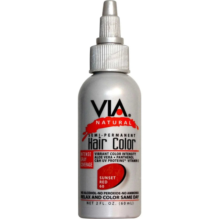 Via Natural Hair Color 060 Sunset Red bottle, showcasing natural hair color sunset red formula in a 2 oz size.