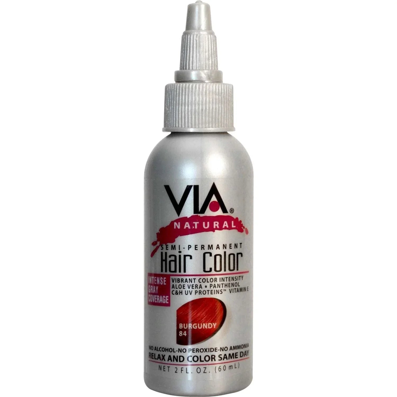 Via Natural semi-permanent burgundy hair color bottle for rich deep color application and grey coverage.