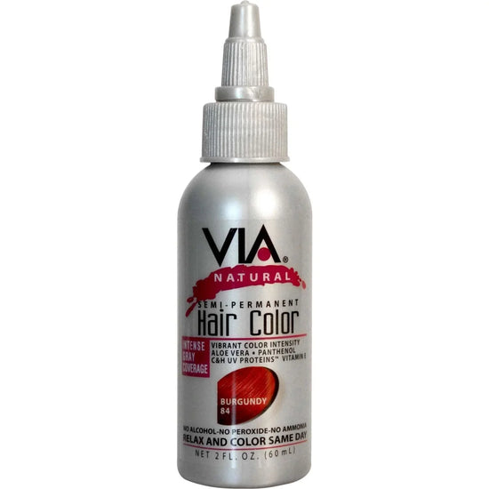 Via Natural semi-permanent burgundy hair color bottle for rich deep color application and grey coverage.
