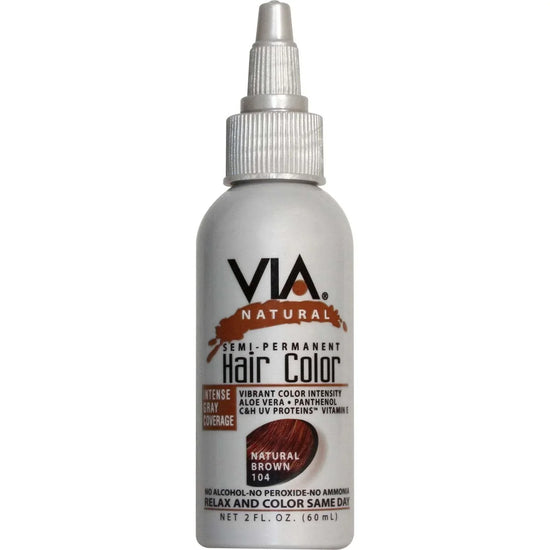 VIA Natural semi-permanent hair color bottle in Natural Brown 104, a natural brown hair color option with nourishing ingredients.