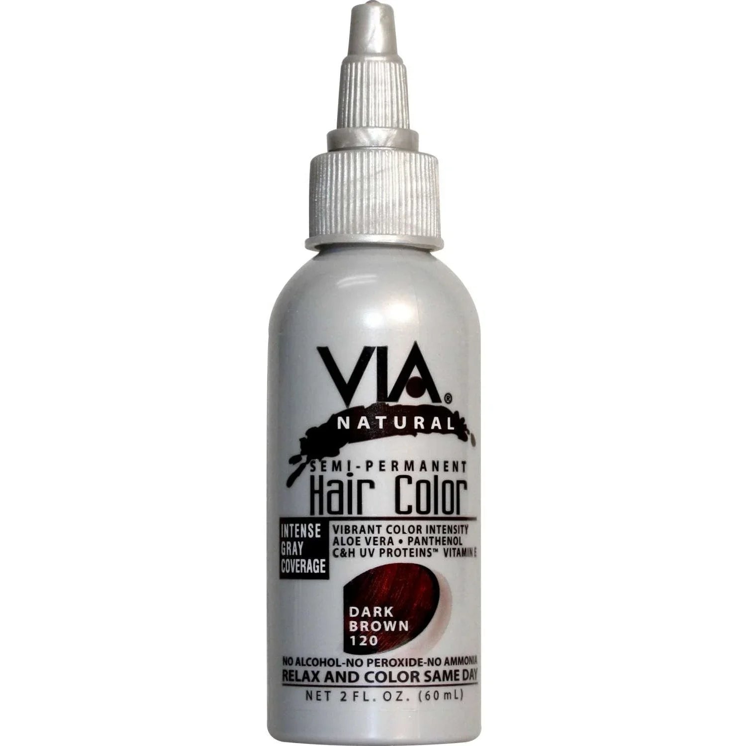 Via Natural Hair Color 120 Dark Brown bottle for natural dark brown hair color treatment with nourishing oils.