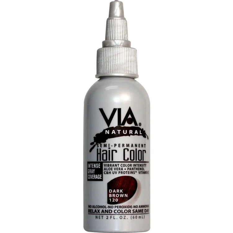 Via Natural Hair Color 120 Dark Brown bottle for natural dark brown hair color treatment with nourishing oils.
