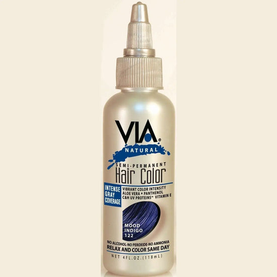 Hair color bottle: VIA Natural semi-permanent, Mood Indigo 122, dark blue