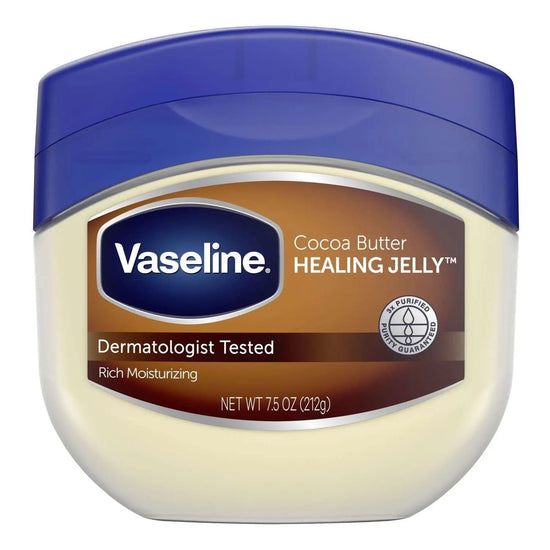 Vaseline cocoa butter healing jelly jar with blue lid, dermatology tested label