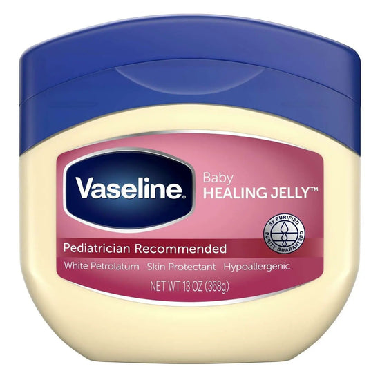 Vaseline Baby Healing Jelly petroleum jelly jar with blue lid and beige label