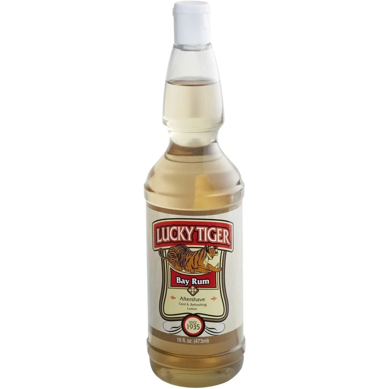 Lucky Tiger Bay Rum aftershave bottle with classic label, perfect for skin care after shaving.