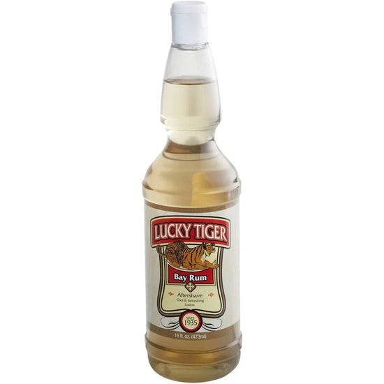 Lucky Tiger Bay Rum aftershave bottle with classic label, perfect for skin care after shaving.